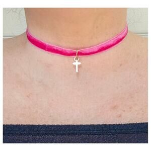 Hot Pink Velvet Cross Choker Necklace Gold Plated Adjustable Chain Dainty Boho
